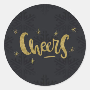 Gold CHEER Modern Holiday Winter Black Snowflakes Classic Round Sticker