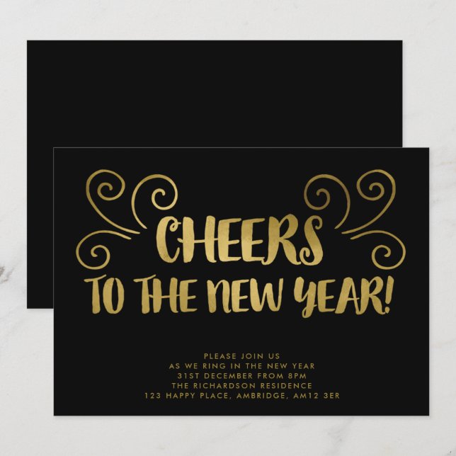 Gold Cheers New Year's Eve Party Invitation (Front/Back)