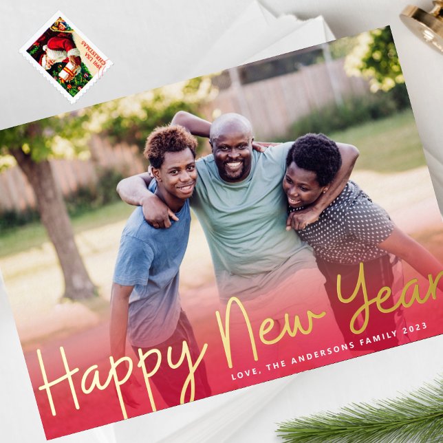 GOLD CHEERS | Red Gradient HAPPY NEW YEAR Photo Foil Holiday Card (Creator Uploaded)
