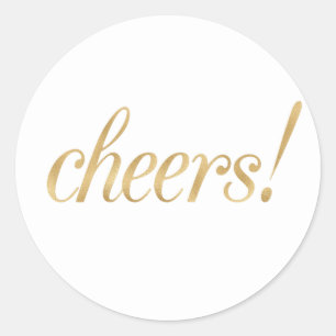 Gold cheers stickers, foil font classic round sticker