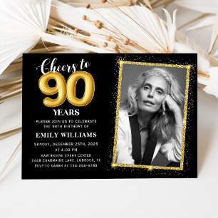 Gold Cheers to Ninety Years 90th Birthday Photo Invitation
