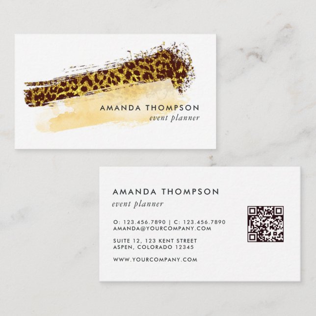 Gold Cheetah Skin Brush Strokes QR Code Business Card (Front/Back)