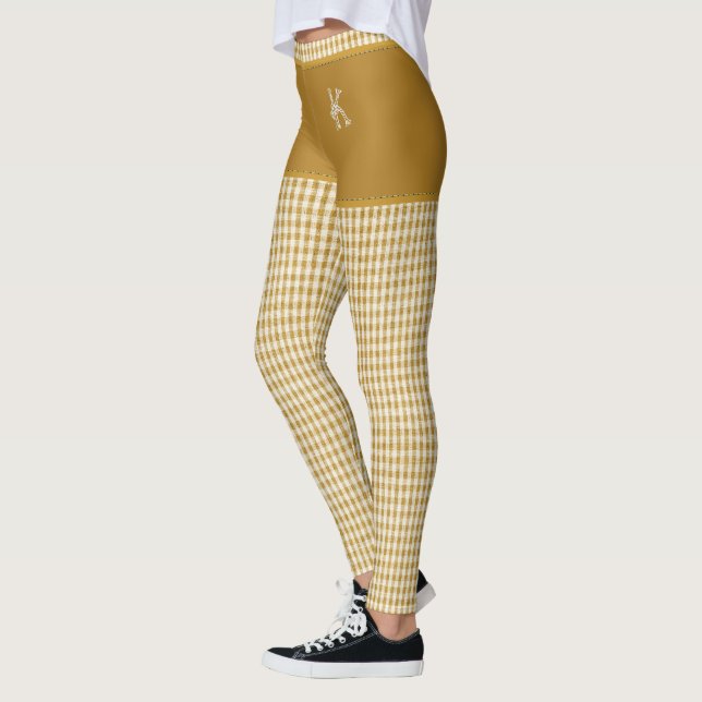 Gold Chequered Fabric Print Monogram Personalized Leggings (Left)
