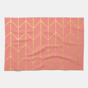Gold Chevron Coral Pink Background Modern Chic Kitchen Towel