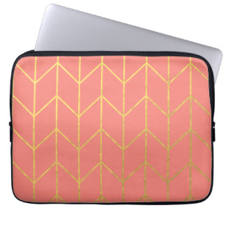 Gold Chevron Coral Pink Background Modern Chic Laptop Sleeve