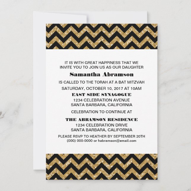 Gold Chevron Glitter Bat Mitzvah Invite (Front)
