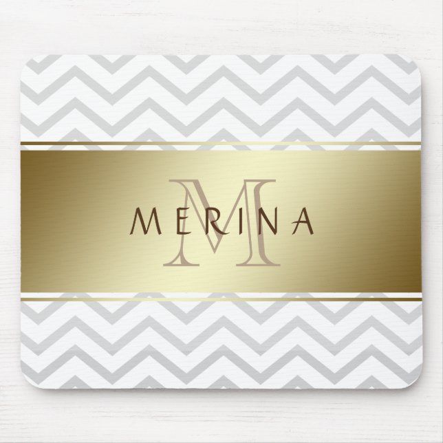 Gold Chevron Grey Pattern Monogram Personalize Mouse Pad (Front)