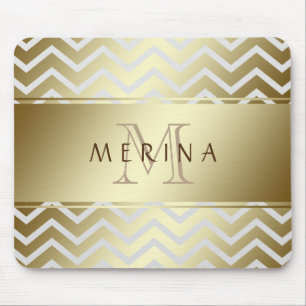 Gold Chevron Grey Pattern Monogram Personalize Mouse Pad