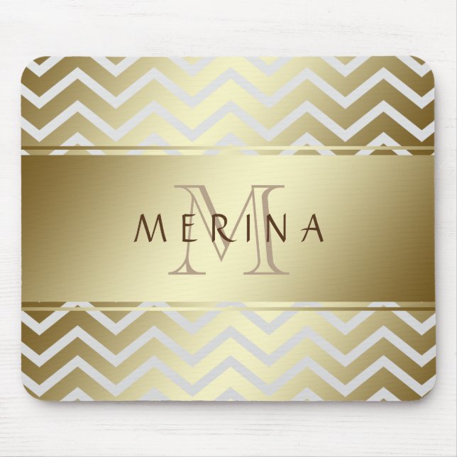 Gold Chevron Grey Pattern Monogram Personalize Mouse Pad (Front)