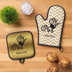 Gold Chevron Mr. & Mrs. Hearts Monogram Golden  Oven Mitt & Pot Holder Set