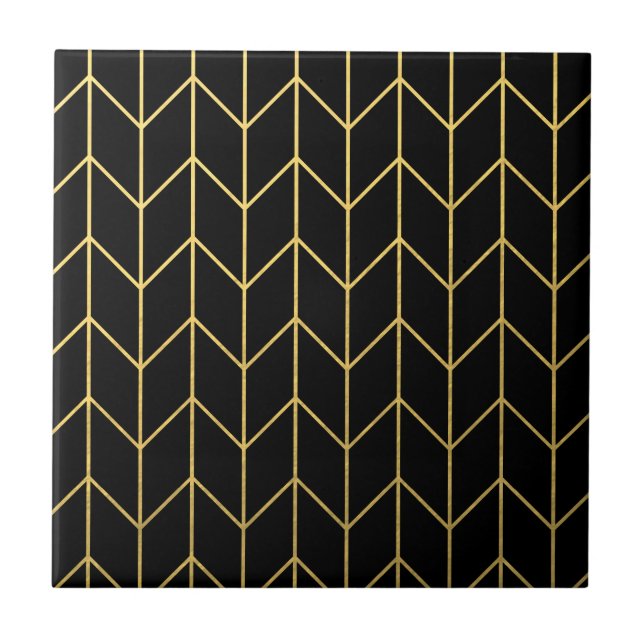 Gold Chevron on Black Background Modern Chic Tile (Front)