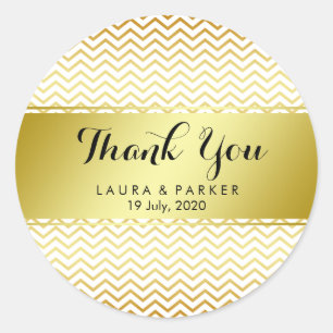 Gold Chevron Pattern Glitter Thank You Wedding Classic Round Sticker