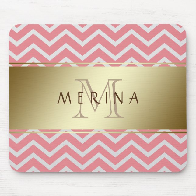 Gold Chevron Pattern Monogram Personalize Mouse Pad (Front)