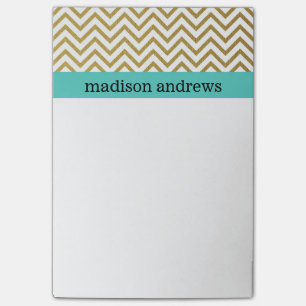 Gold Chevron Stripes with Mint Post-it Notes
