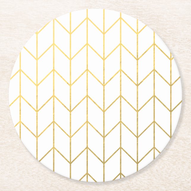 Gold Chevron White Background Modern Chic Round Paper Coaster (Front)