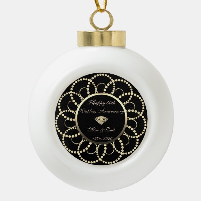 Gold Chic Diamond Pearls  50th Wedding Anniversary Ceramic Ball Christmas Ornament (Front)