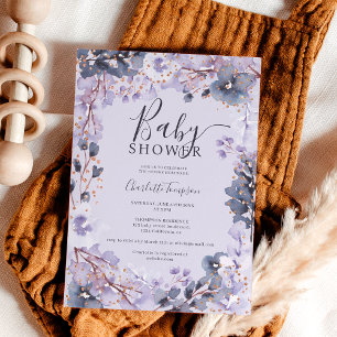Gold chic lavender floral watercolor baby shower invitation