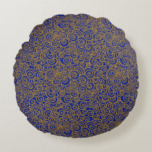 Gold Chinese Auspicious Clouds Pattern on Indigo Round Pillow
