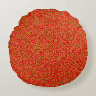 Gold Chinese Auspicious Clouds Pattern on Red Round Pillow