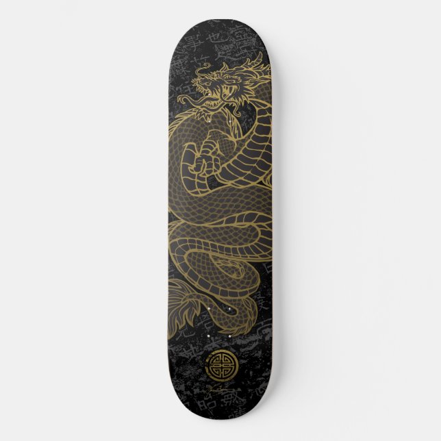 Gold Chinese Dragon on Black Skateboard (Front)