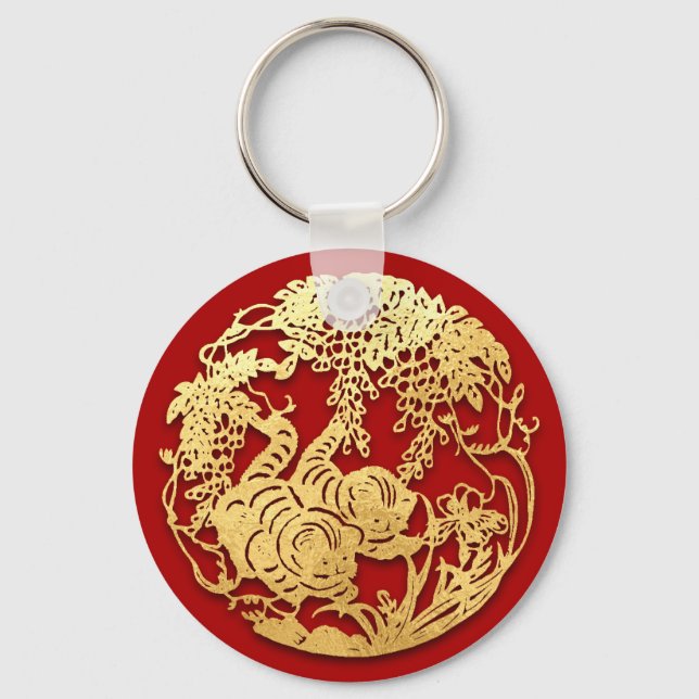Gold Chinese Paper-cut Tiger Year Choose Colour K0 Keychain (Front)
