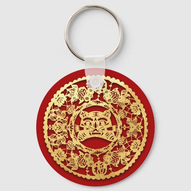 Gold Chinese Paper-cut Tiger Year Choose Colour K0 Keychain (Front)