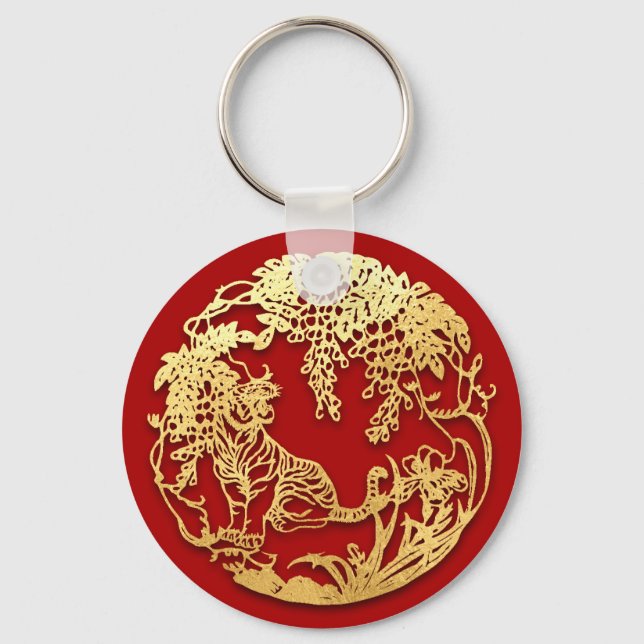 Gold Chinese Paper-cut Tiger Year Choose Colour K0 Keychain (Front)