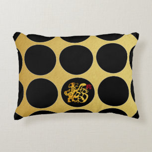 Gold Chinese Papercut Dog Black Dots Accent Pillow