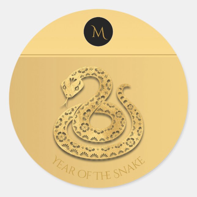 Gold Chinese Snake Papercut Monogram Birthday St2 Classic Round Sticker (Front)