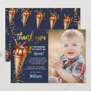 Gold Chocolate Ice Cream Birthday Navy Blue Photo Thank You Card