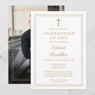 Gold Christian Celebration Of Life Funeral Photo Invitation
