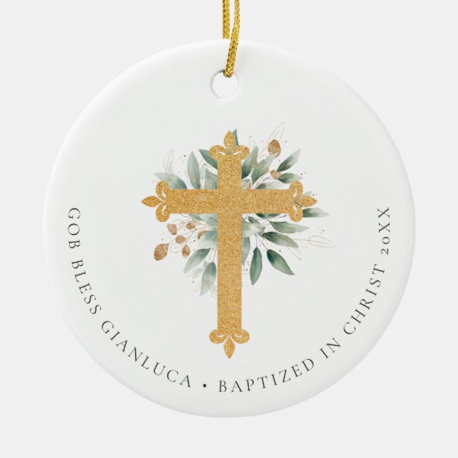 Gold Christian Cross Greenery Photo Baptism Gift Ceramic Ornament (Front)