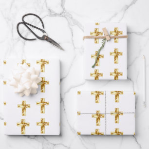 Gold Christian cross pattern white Wrapping Paper Sheet