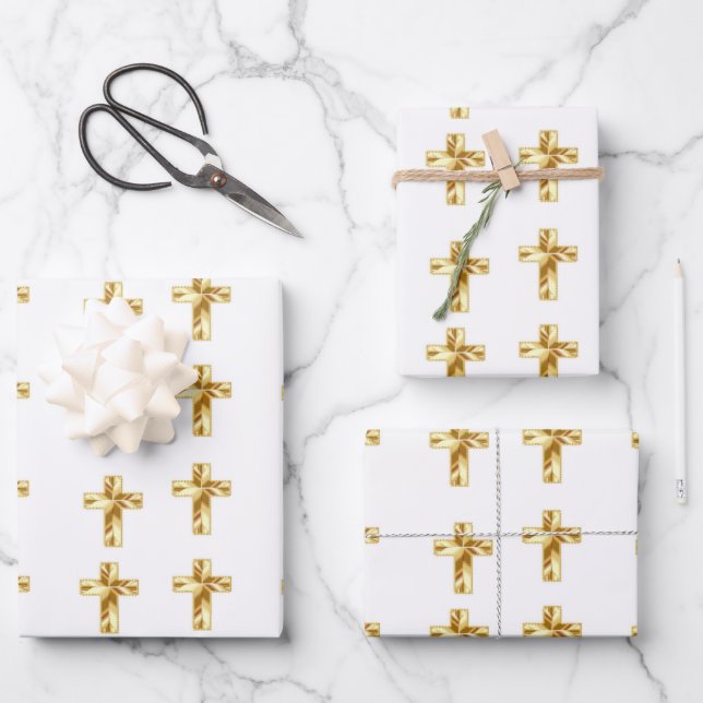 Gold Christian cross pattern white Wrapping Paper Sheet (Front)