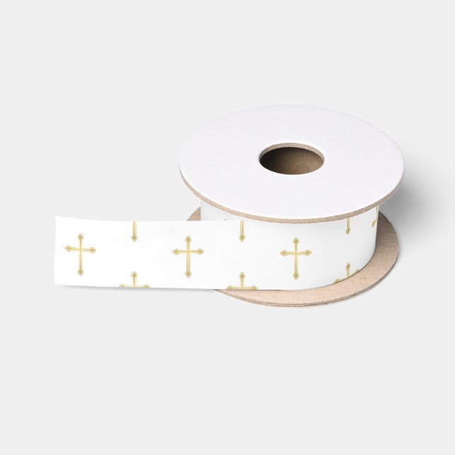 Gold Christian Crosses on White Satin Ribbon (Spool)