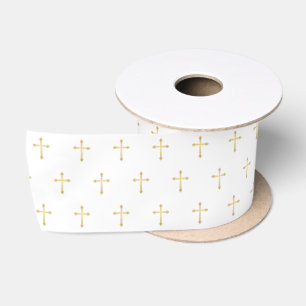 Gold Christian Crosses on White Satin Ribbon