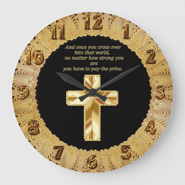 Gold Christian Crucifix Cross with funny saying Large Clock (Front)