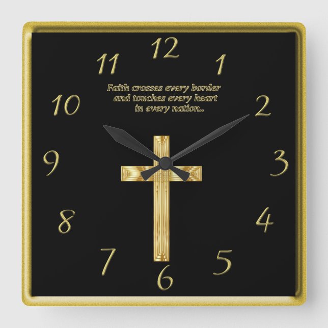 Gold Christian Faith cross with funny saying 2 Square Wall Clock (Front)