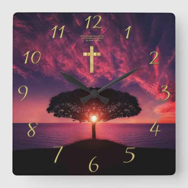 Gold Christian Faith cross with funny saying Squar Square Wall Clock (Front)