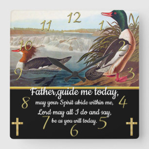 Gold Christian Faith cross with two ducks Square Wall Clock