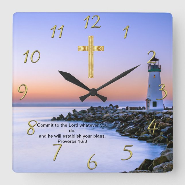 Gold Christian Faith cross with Where I go today,  Square Wall Clock (Front)