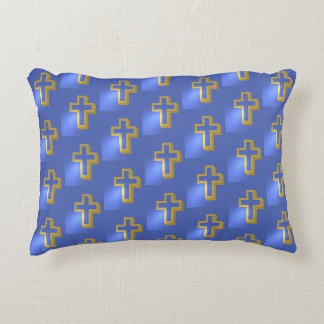 Gold Christian Religious Holiday Cross Blue Easter Accent Pillow (Front)