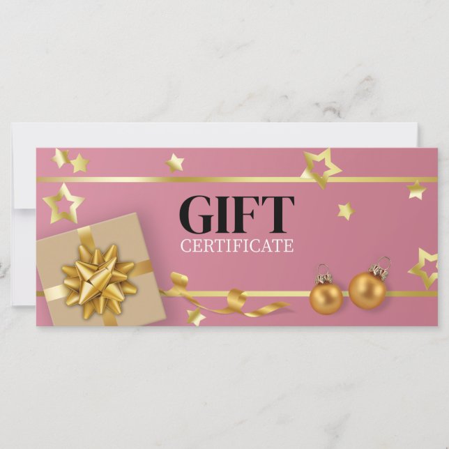Gold Christmas Ball Pink Stars Ribbon Gift Card (Front)