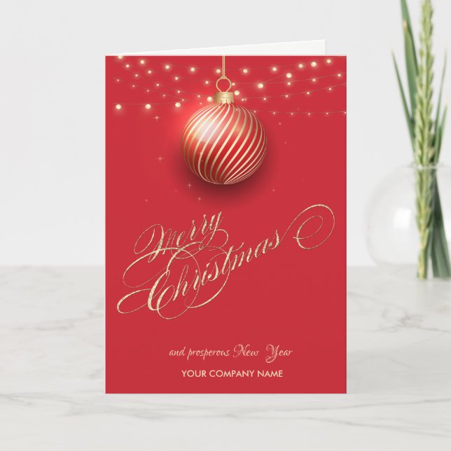 Gold Christmas Ball,String Lights Red Corporate Holiday Card (Front)