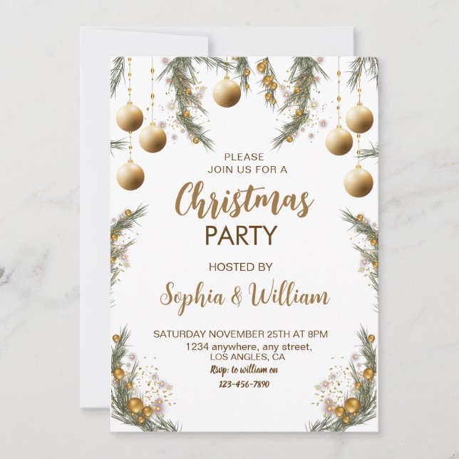 Gold Christmas Baubles Festive Party Invitation (Front)