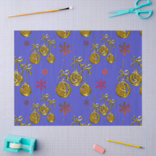 Gold Christmas Baubles on Blue Christmas Tissue Paper