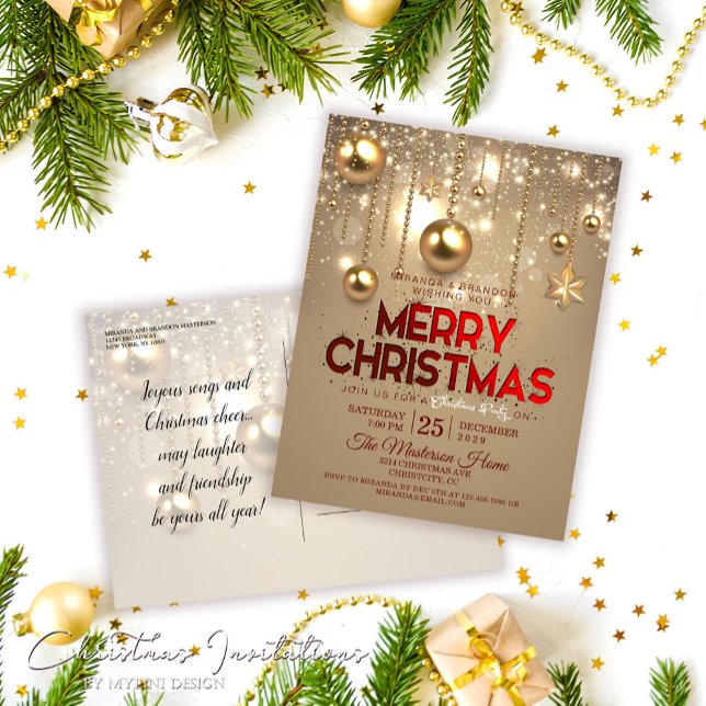 Gold Christmas Baubles & Stars Christmas Party Invitation Postcard (Creator Uploaded)