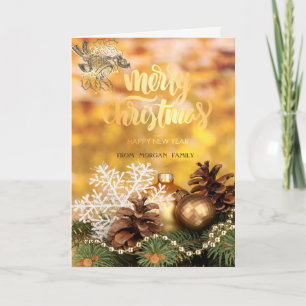 Gold Christmas Bell,Balls,Snowflake,Pine Cones Holiday Card