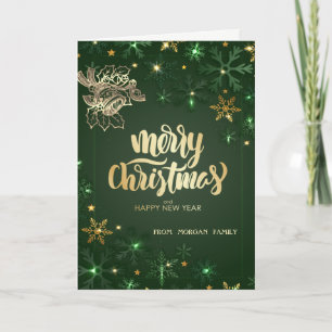 Gold Christmas Bell,Green Snowflakes  Holiday Card