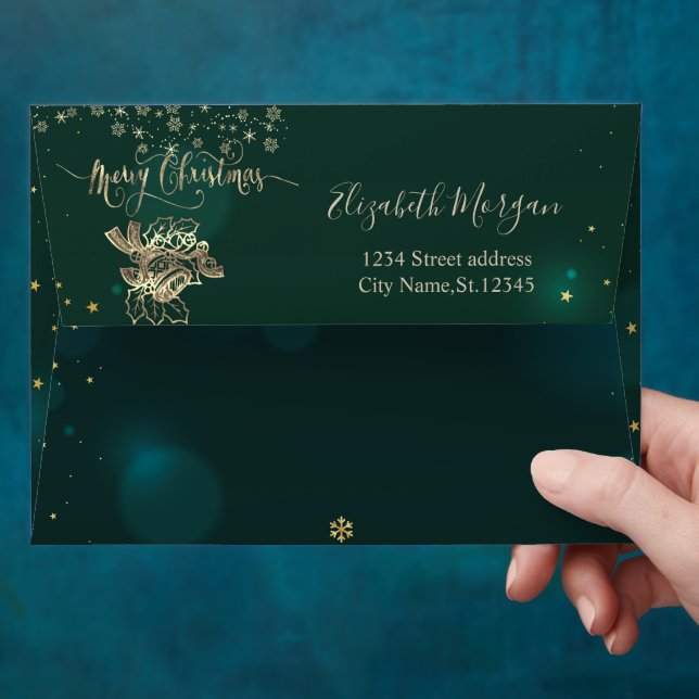  Gold Christmas Bell Snowflakes Green Christmas Envelope (Hand)